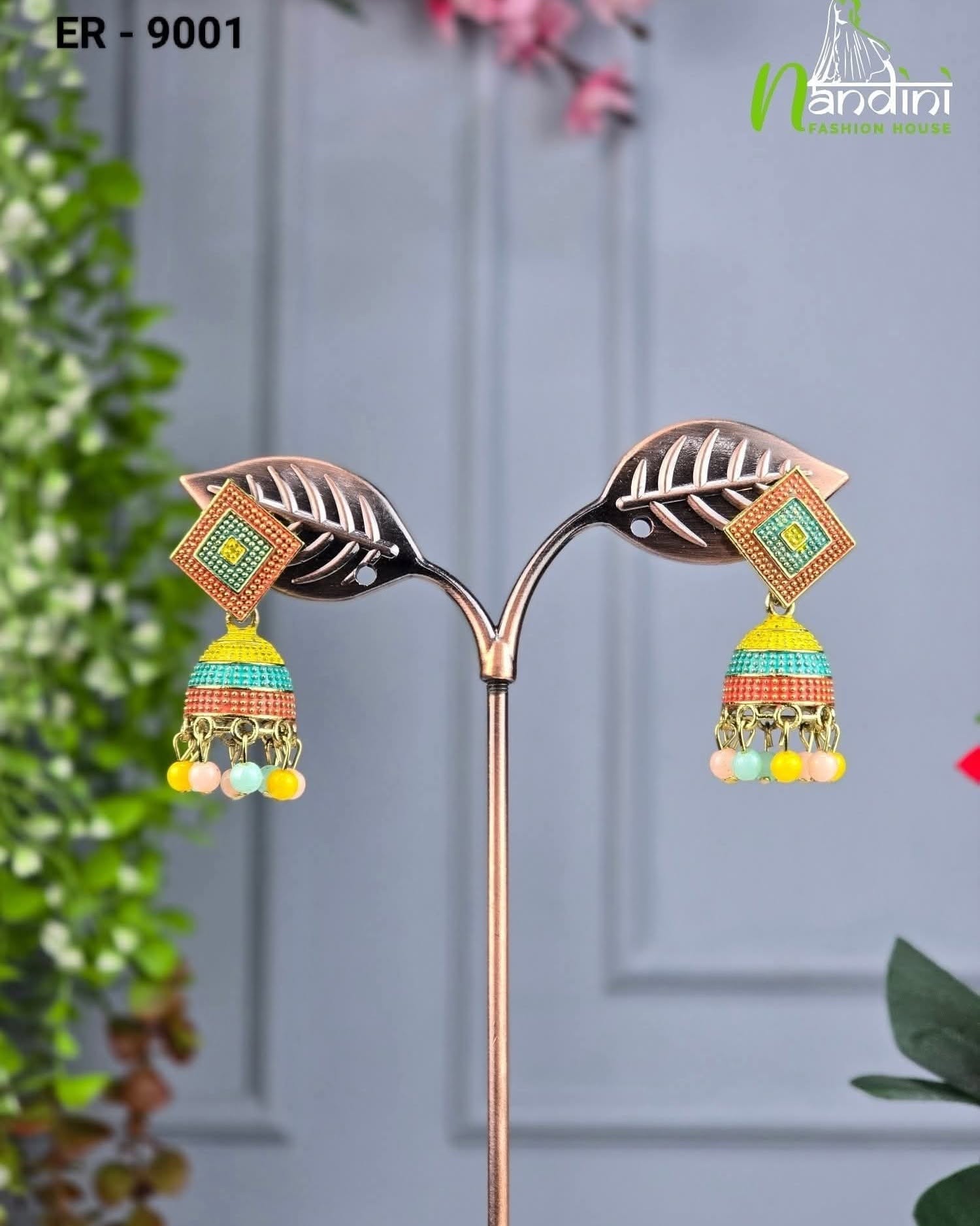 Colorful Enamel Square-Stud Jhumka