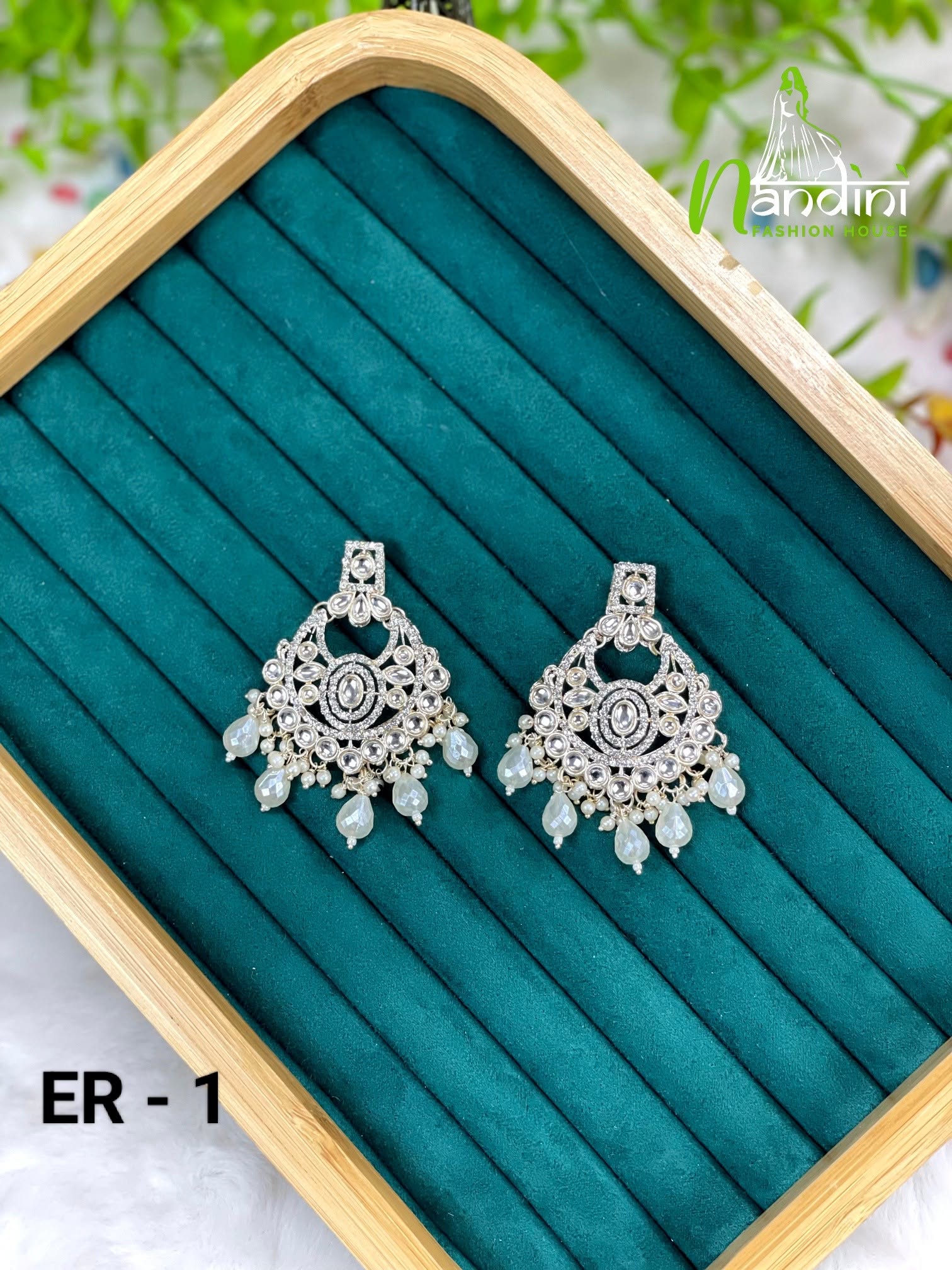 Silver-Tone Crystal Chandbali with Pearl Drops
