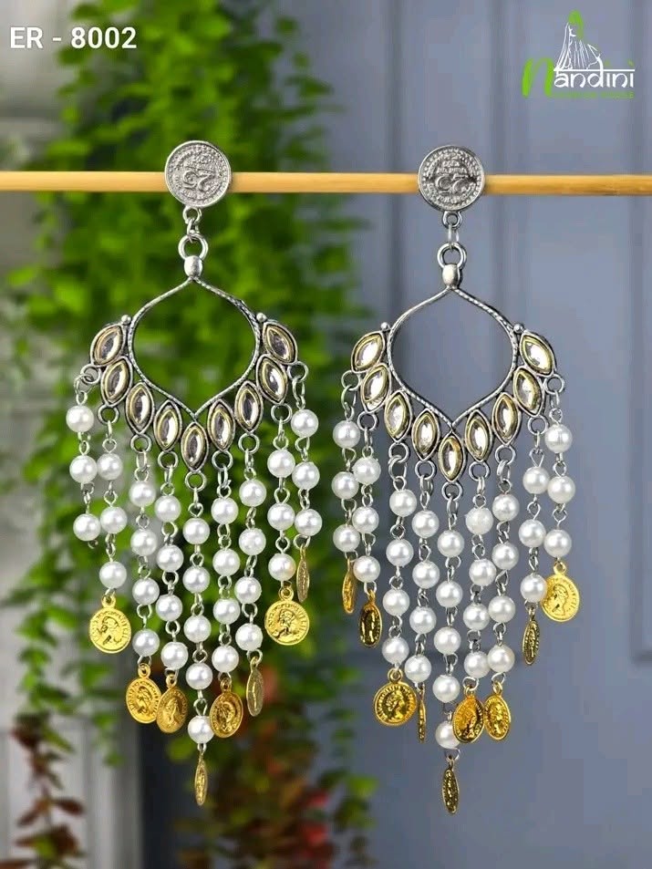 Ethnic Coin & Pearl Tassel Earrings