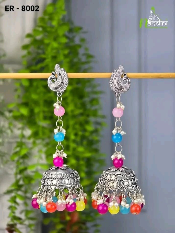 Peacock Motif Colorful Beaded Long Jhumkas