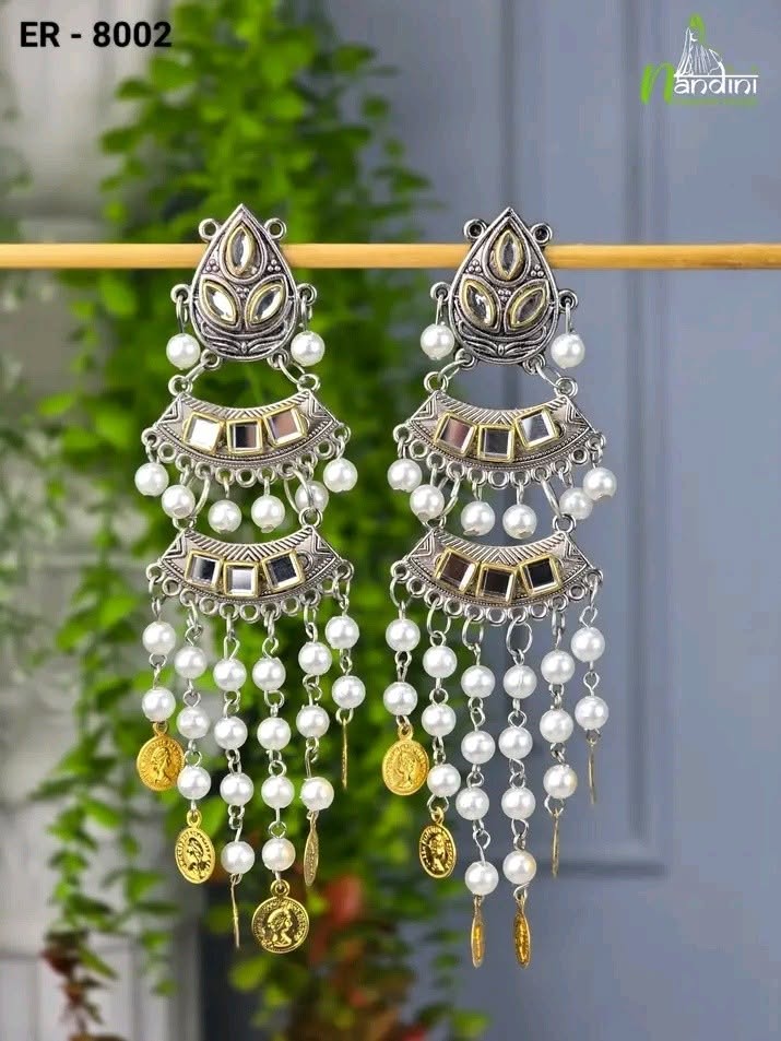 Mirror-Work & Pearl Coin Tassel Earrings