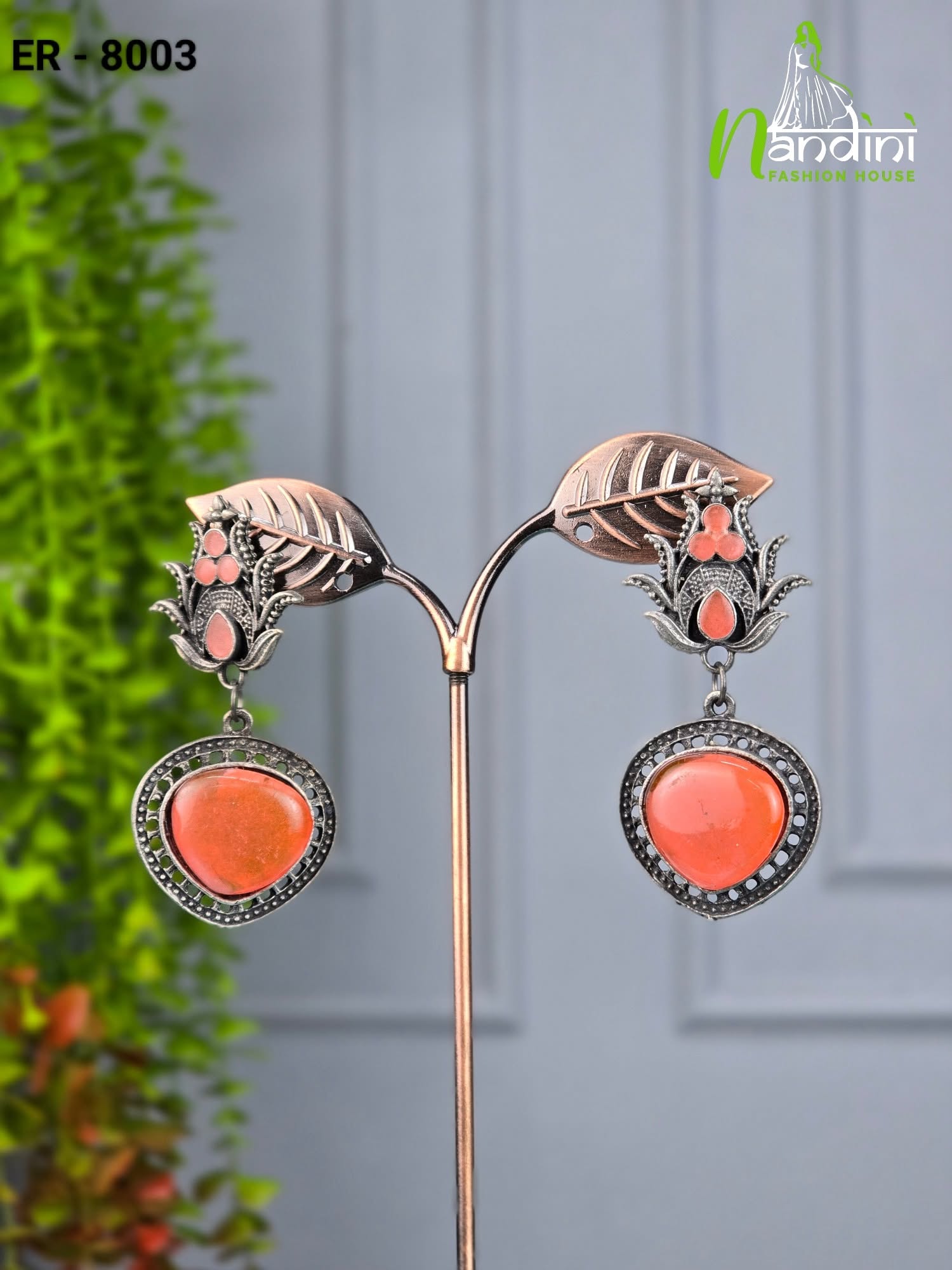 Coral-Peach Floral Oxidized Earrings
