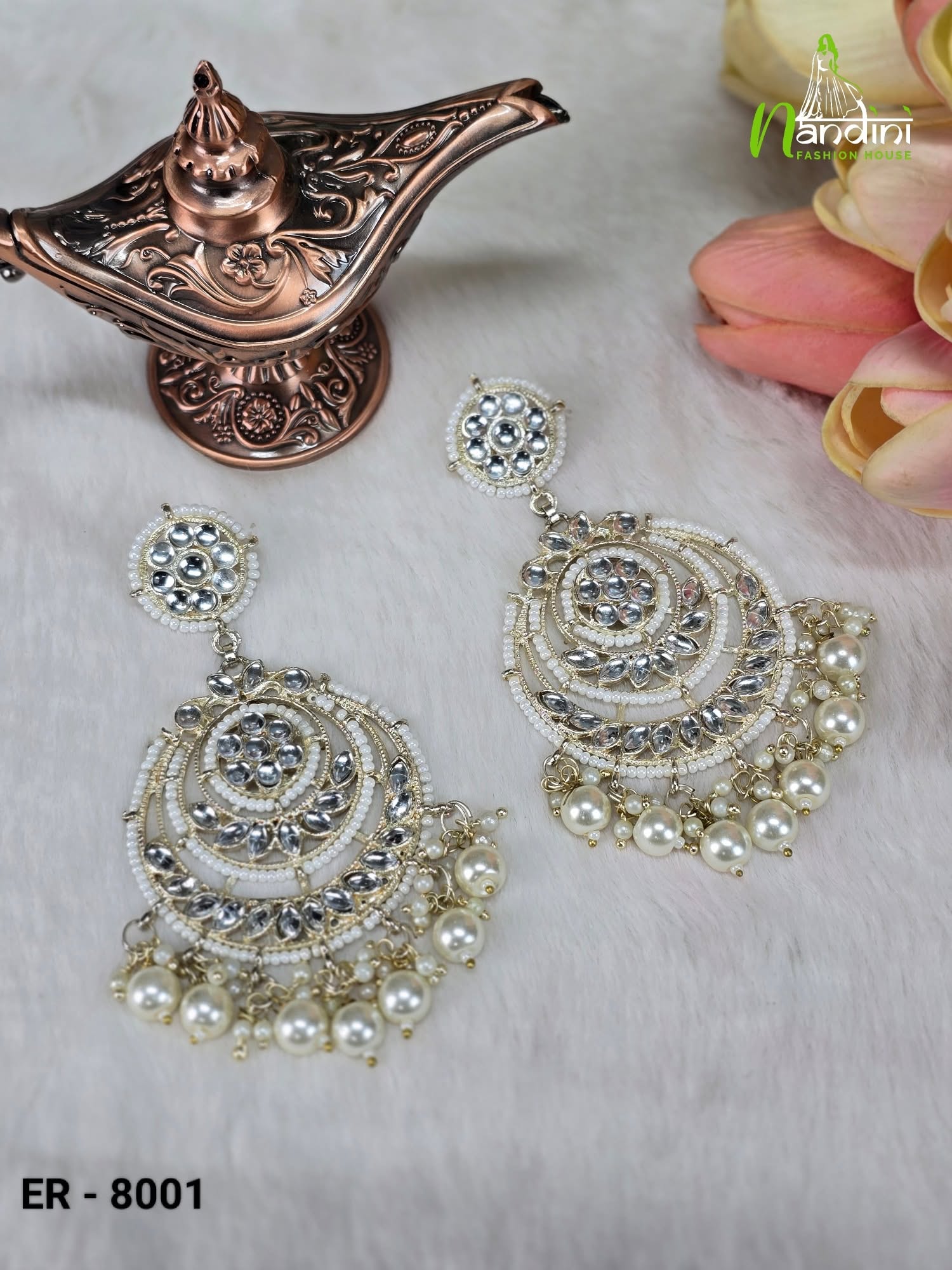 Royal Crystal Chandbali with Pearl Drops